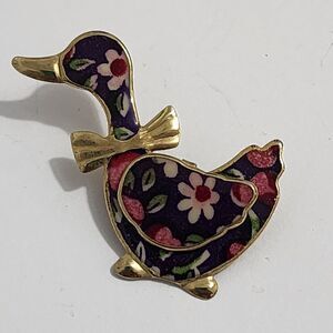 Vintage Country Duck Brooch Pin Gold Tone Multicolor Mother Goose Cottagecore 3D